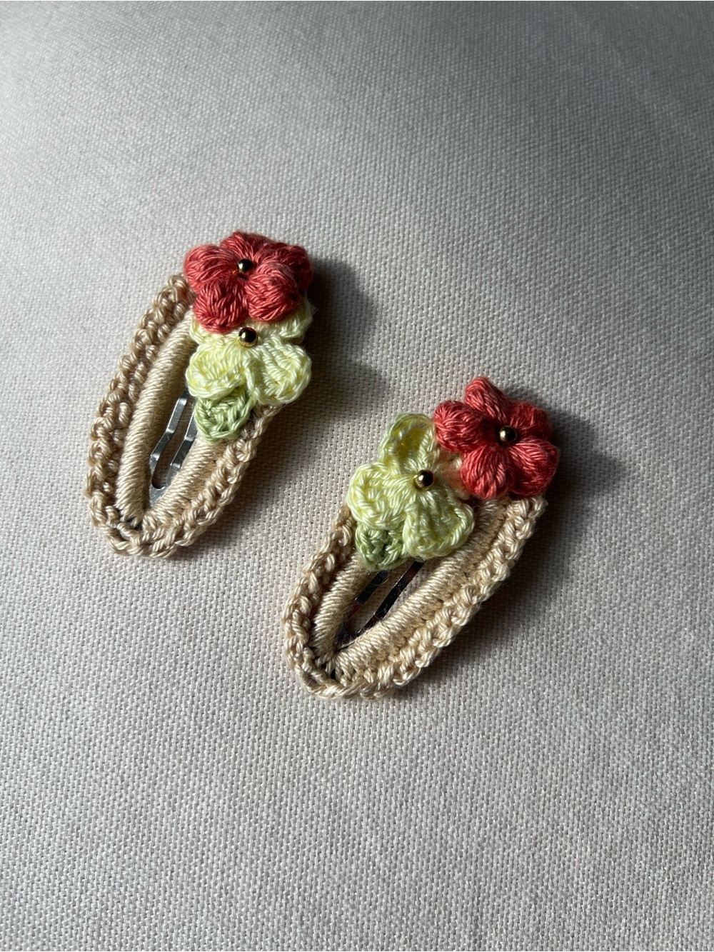Crocheted Beige Snap Clips with Pink & Cream Flower Accents
